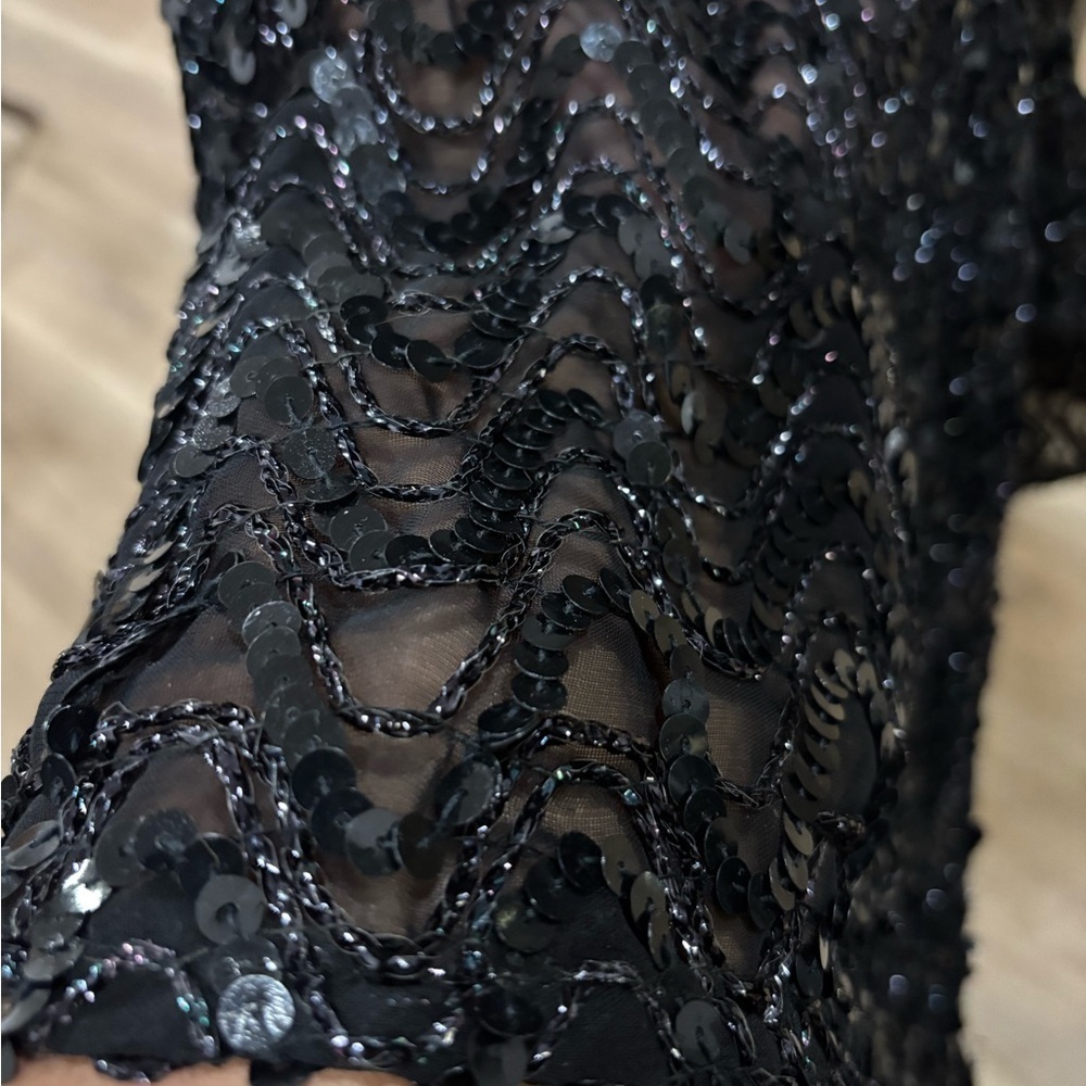 Black Lace Semi Sheer Sequined Top - Picture 3 of 7